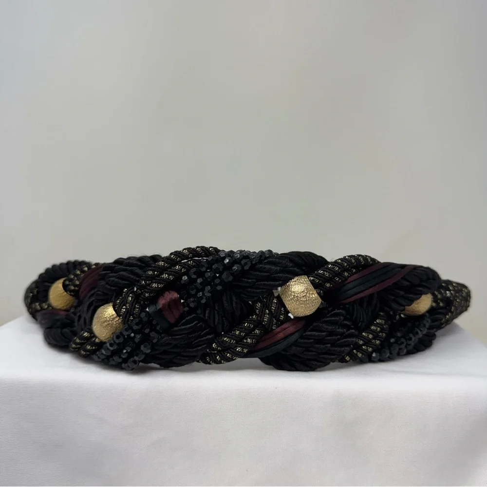 Vintage Braided Rope Belt Black Gold Beaded Statement Belt Boho